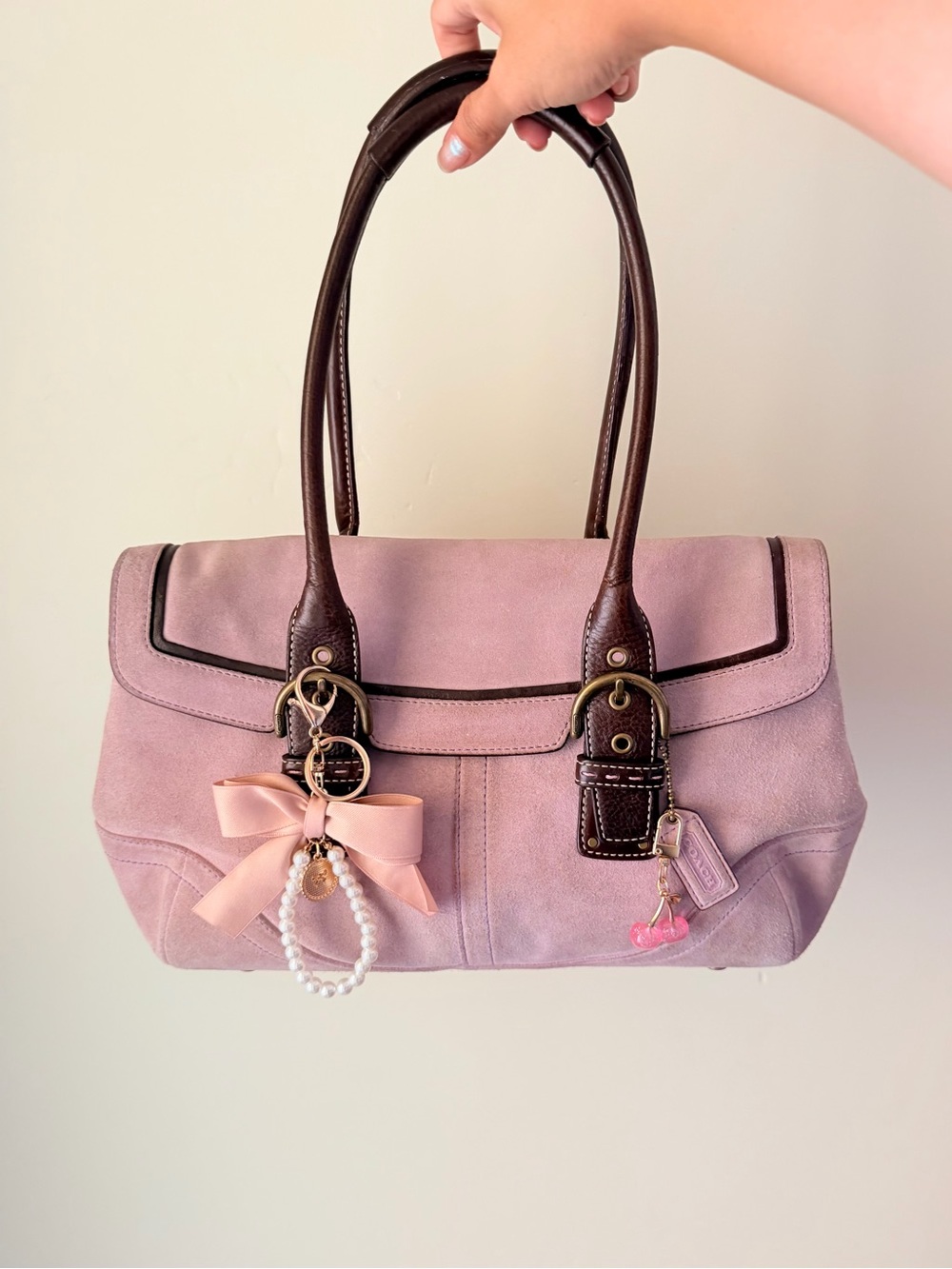 Coach Soho Lilac/Pink Suede Flap Satchel Shoulder Bag with Brown Leather Trim